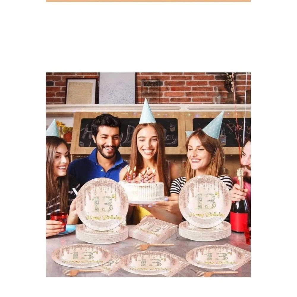 96 Pcs Rose Gold 13th Birthday Party Plates and Napkins for Girls Rose Gold
